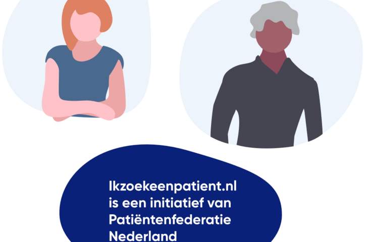 Header van ikzoekeenpatient.nl, met tekst "ikzoekeenpatient.nl is een initiatief van Patiëntenfederatie Nederland"